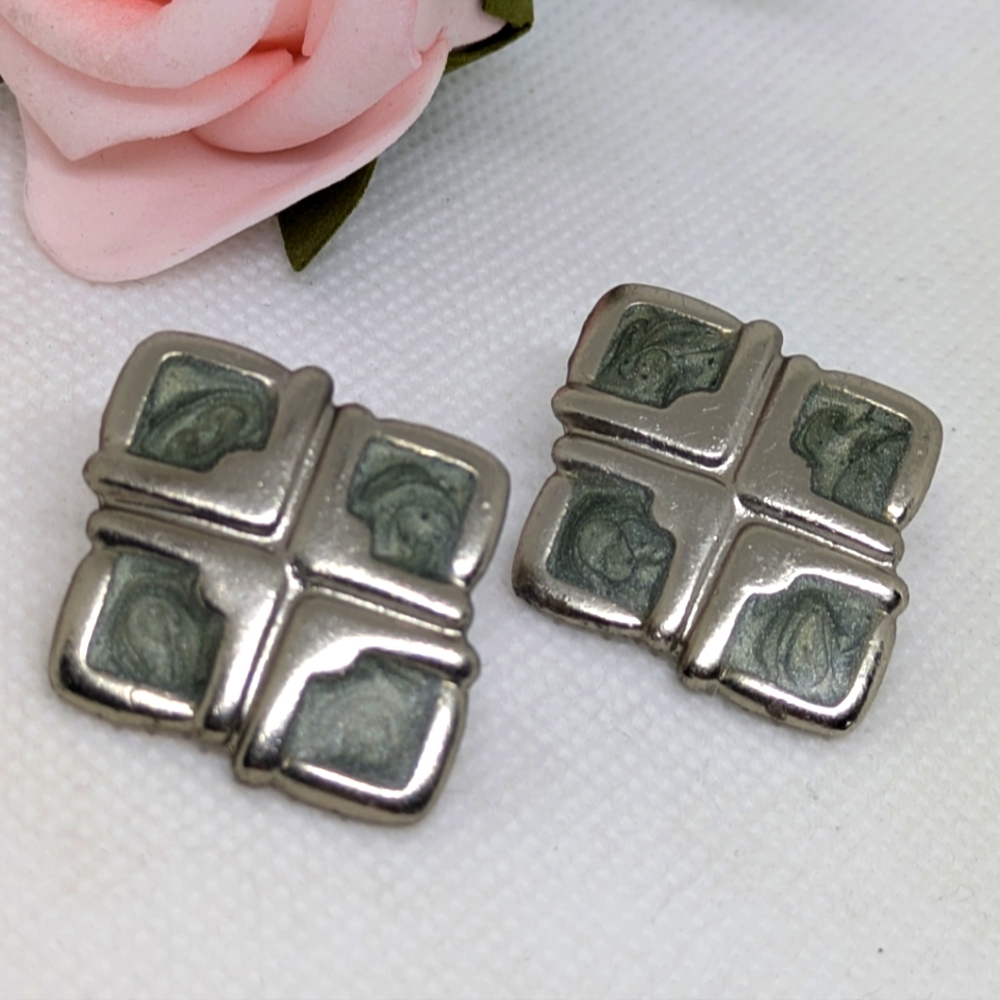 Vintage Earrings Silver Tone & Green Pierced Bohemian Boho Grunge Statement